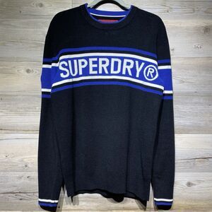 Superdry Crewneck Spellout Logo Sweater Jumper Arm Patch Black Men’s Large EUC